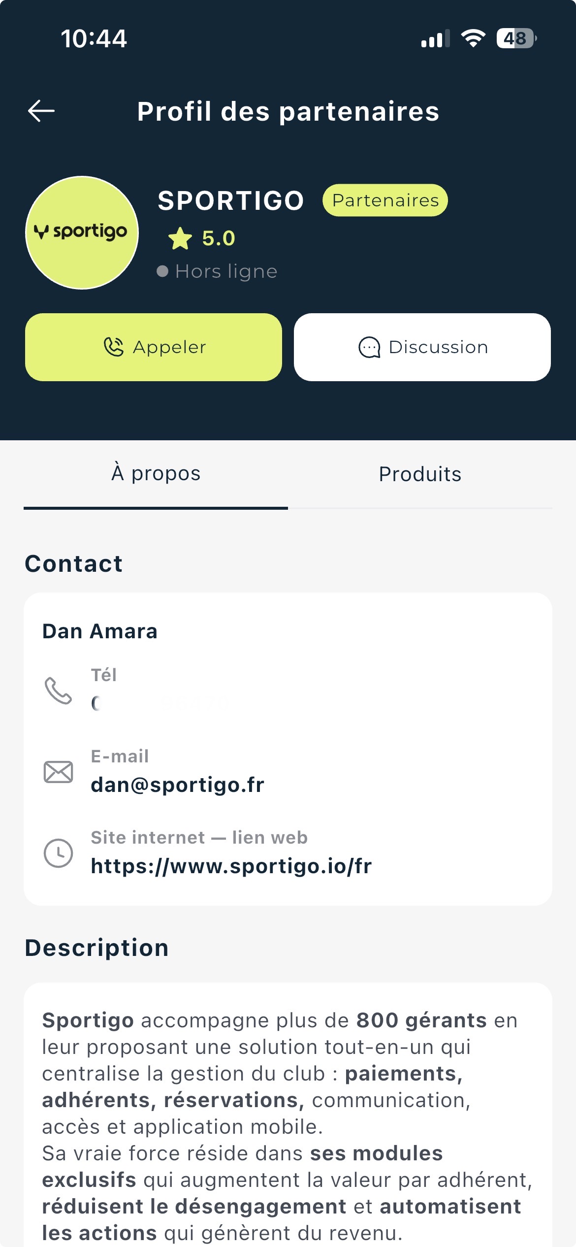 Fiche partenaire dans l'application Resofit Pro